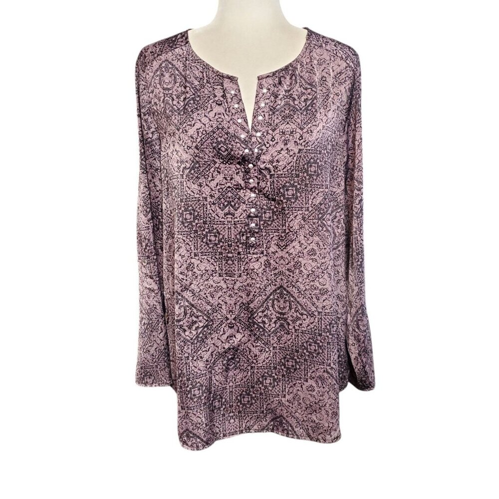 Rock & Republic Women's Tunic Blouse Size Large Roll Tab Sleeve Studed Neckline